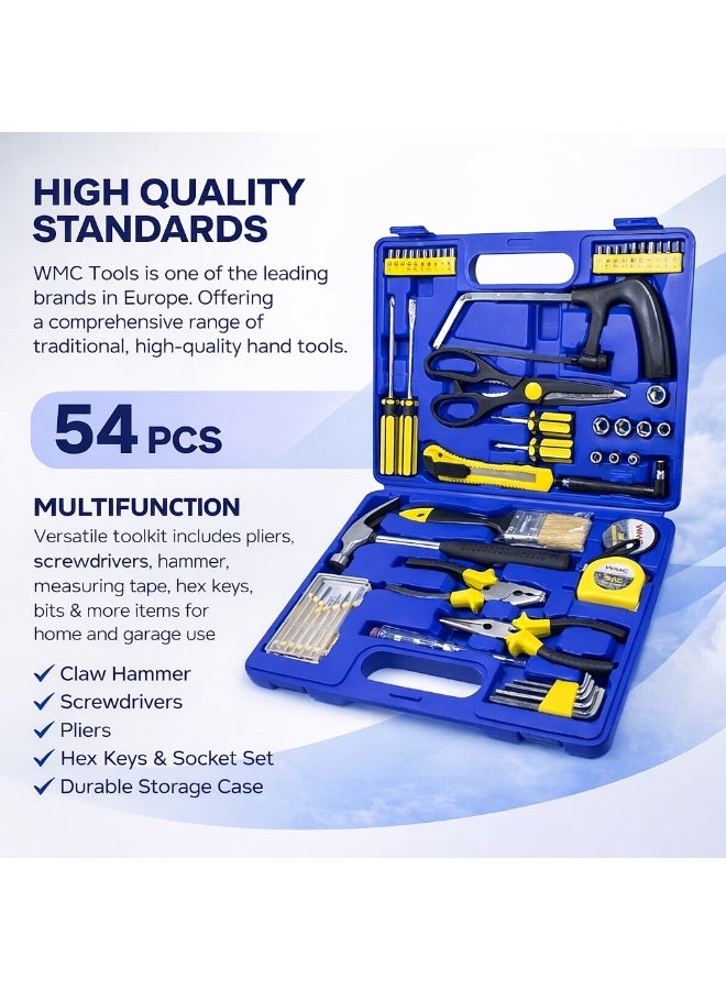 دبليو إم سي توولز طقم أدوات منزلية 54 قطعة مع حقيبة حمل – مفكات، مطرقة، مفتاح وأدوات صيانة للمنزل والأعمال اليدوية - Image 4